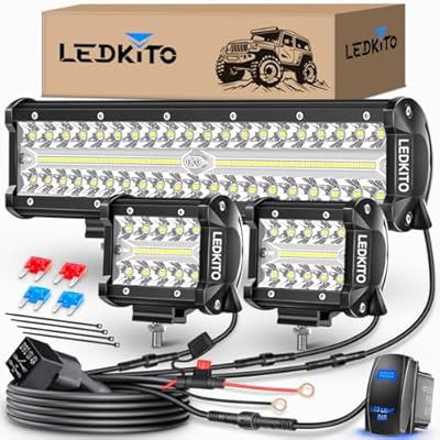LEDKITO 12 Inch LED Light Bar and 2PCS 4 Inch LED Pods with Rocker Switch 16AWG 3 Lead Wiring Harness Kit Off Road Light Bar Spot Flood Combo Triple Row Light Bar for UTV Truck Tractor