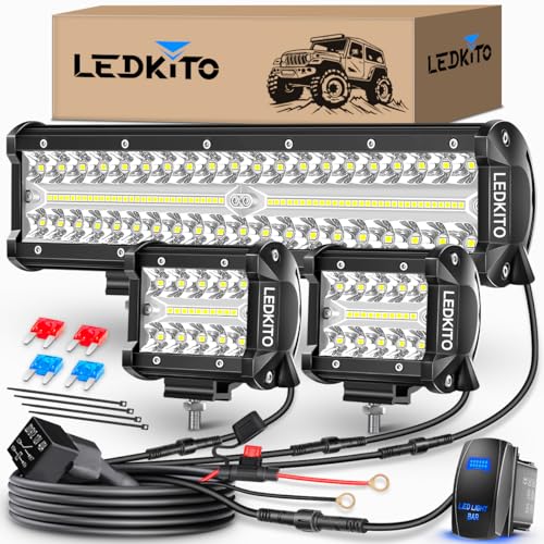 Ledkito 12+4IN LED LIGHT BAR WITH ROCKER SWITCH 12 Inch Led Light Bar And 2Pcs 4 Inch Led Pods With Rocker Switch 16Awg 3 Lead Wiring Harness Kit Off Road Light Bar Spot Flood Combo Triple Row Light Bar For Utv Truck Tractor cover