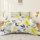 Bettwäsche Retro Pflanzen Blumen 3-teilig, Bettwäsche-Set mit Reißverschluss, Bettbezug 155 x 220 cm + 2 Kissenbezug 80x80, Weiche Mikrofaser Bedruckt,Gelb