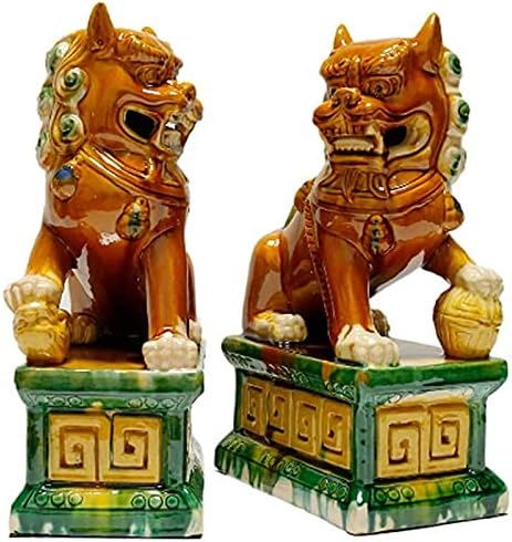 SUYUDD Lucky Feng Shui Statue A Pair of Fu Foo Dogs,Traditional Chinese Guardian Lion Statues with Stone Finish Feng Shui Decor for Indoor Outdoor Placement, Light Brown