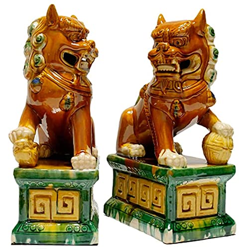 Suyudd Lucky Feng Shui Statue A Pair Of Fu Foo Dogs,Traditional Chinese Guardian Lion Statues With Stone Finish Feng Shui Decor For Indoor Outdoor Placement, Light Brown #TOP1