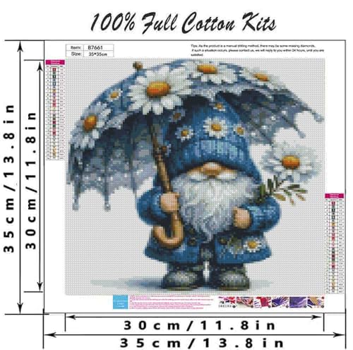 Image of Gnome Cross Stitch Kits for Adults Beginner,Flower Counted Cross Stitch Kits Printed Stitching Cute Patterns Dimensions Needlepoint Art Crafts Embroidery Kits for Adults Beginners (13.7x13.7 inch)