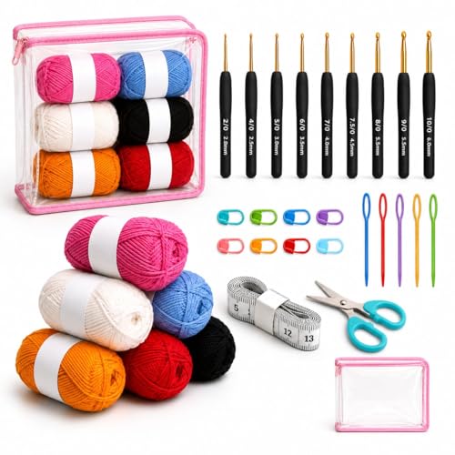 Image of Crochet Set, Complete Crochet Kit for Beginners with 9 Ergonomic Hooks, 6 Soft Yarn Balls, Scissors, Stitch Markers, Large Tapestry Needles & Storage Washbag | DIY Knitting & Craft Starter Set for Adults & Kids