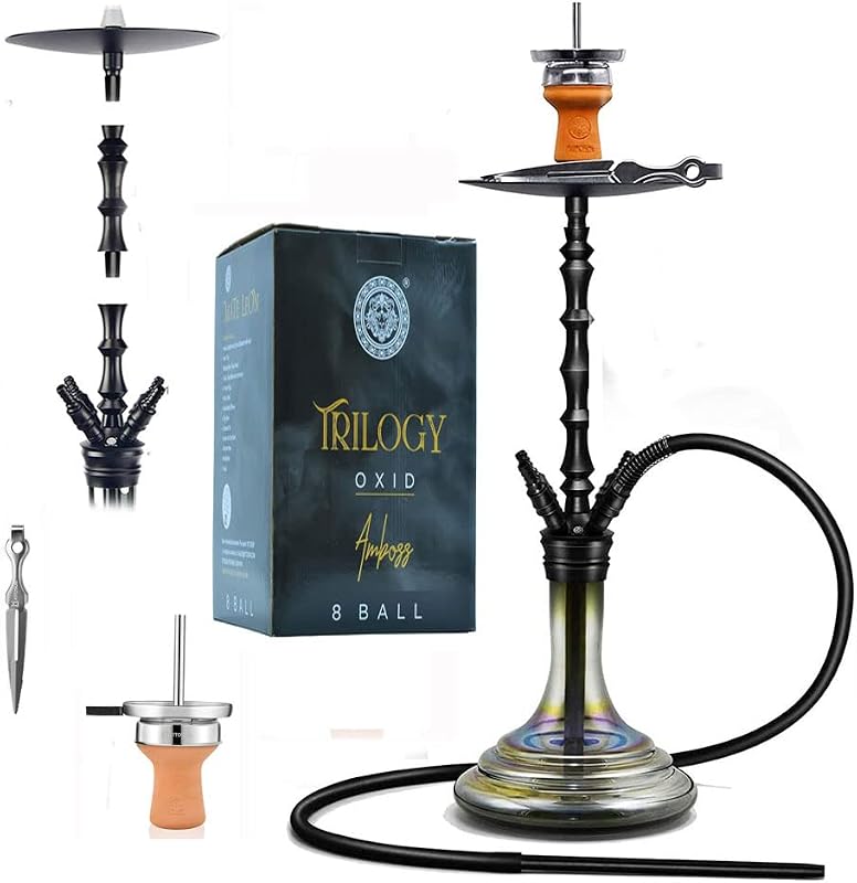 Complete Glass Hookah Set Shisha Kit with 4 Hoses Adapter Accessories | Easy Setup and Big Smoke, Washable Silicone Hose, Clay Bowl Screen Charcoal Holder, Detachable Middle Stem