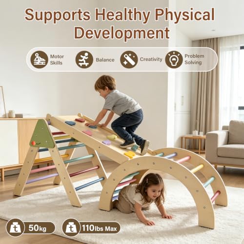 Image of Foldable Pikler Triangle Climbing Set Wooden 7 in 1 Montessori Climber Toys for Toddlers 1-3 Baby Jungle Gym Indoor Slide Playground with Ramp & Arch & Ladder Large Kids Activity Center Boy Girl Gift