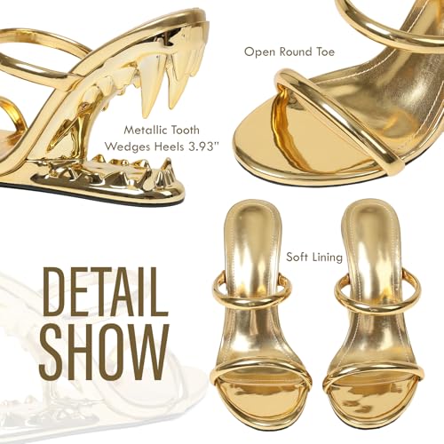 Image of Goiphrri Wedge Sandals for Women Strappy Heels Round Open Toe Heels Metallic Shark Tiger Teeth heeled Sandals Flip Flops Thong Womens Mules Slip on Party Dress Wedding Ceremony