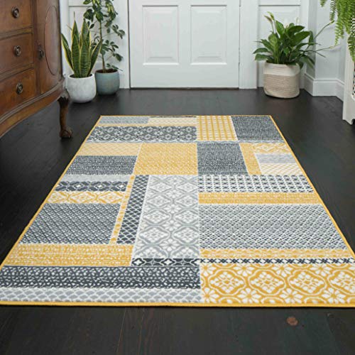 Milan Contemporary Traditional Ochre Yellow Mustard Grey Beige Patchwork Squares Pattern Design Living Room Bedroom Dining Room Area Rug 160cm x 230cm