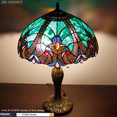Werfactory Tiffany Style Lamp Green Liaison Stained Glass Bedside Table Lamp 16X16X24 Inches Desk Light Metal Base Decor Bedroom Living Room Home Office S160G Series Teal Purple #TOP6