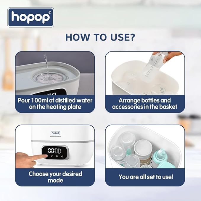 Image of Hopop 2-in-1 Steribub Steam Sterilizer, Dryer and Milk Warmer with Bottle Tong | BPA Free with HEPA Filter & LED Panel | Sterilize upto 8 Bottles & Disinfect Toys, Accessories in 6 Minutes | Auto Shut Off | 1 Year Warranty