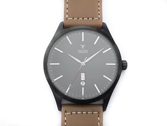Compeve Fuzuka Black Gun Metal Tan Leather Strap Dress Watch Japan Movement