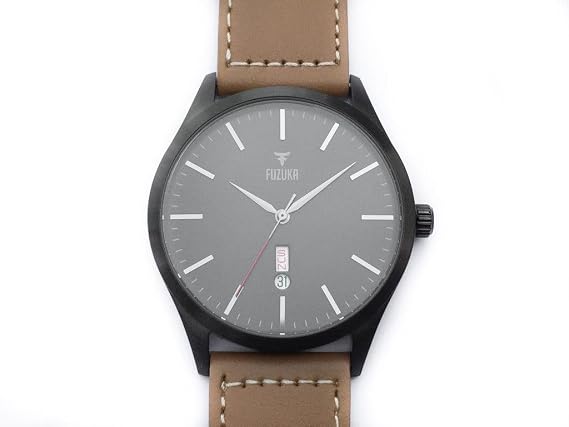 Compeve Fuzuka Black Gun Metal Tan Leather Strap Dress Watch Japan Movement