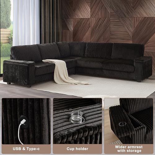 Image of L Shaped Couches for Living Room, Oversized Modular Sectional Sofa with Armrest Storage, USB Ports and Cup Holders, 5 Seats Corduroy Couch for Living Room, Bedroom and Apartment, Matte Black