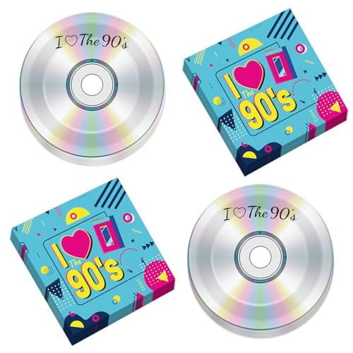 Image of CHUNNIN 50Pcs 90's Party Paper Plates and Napkins for 25 Guests | Durable Paper, 1990s Retro Theme Birthday Party, I Love the 90s Disposable Dessert Tableware, CD Plates and Napkins Set