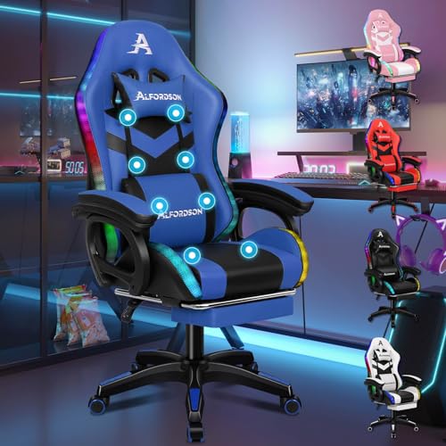 ALFORDSON Gamer-Stuhl Gamer Stühle RGB LED Racing PC-Gaming-Sessel Massage Bürostuhl ergonomisch Schreibtischstuhl Fußstützen, 90-150°Neigungswinkel,180 kg belastbar, Blau
