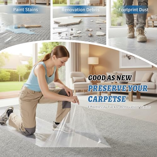 Yiech Carpet Protection Film 48\" x 200\' – Self-Adhesive Clear Plastic Carpet and Floor Protector, Extra-Wide Heavy-Duty Coverage for Large Areas, Tear-Resistant, Durable, Easy to Apply and Remove
