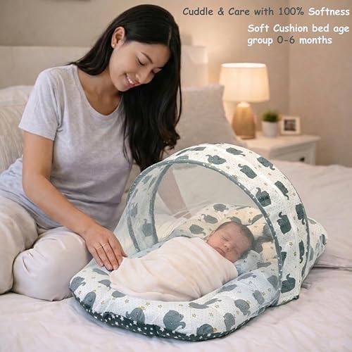 Image of Fareto Combo of Baby Nest | Net with Bed | Carry Bag | 4 Pcs Bedding Set(0-6 Months) (Fullset Nest) (Ele Gray)