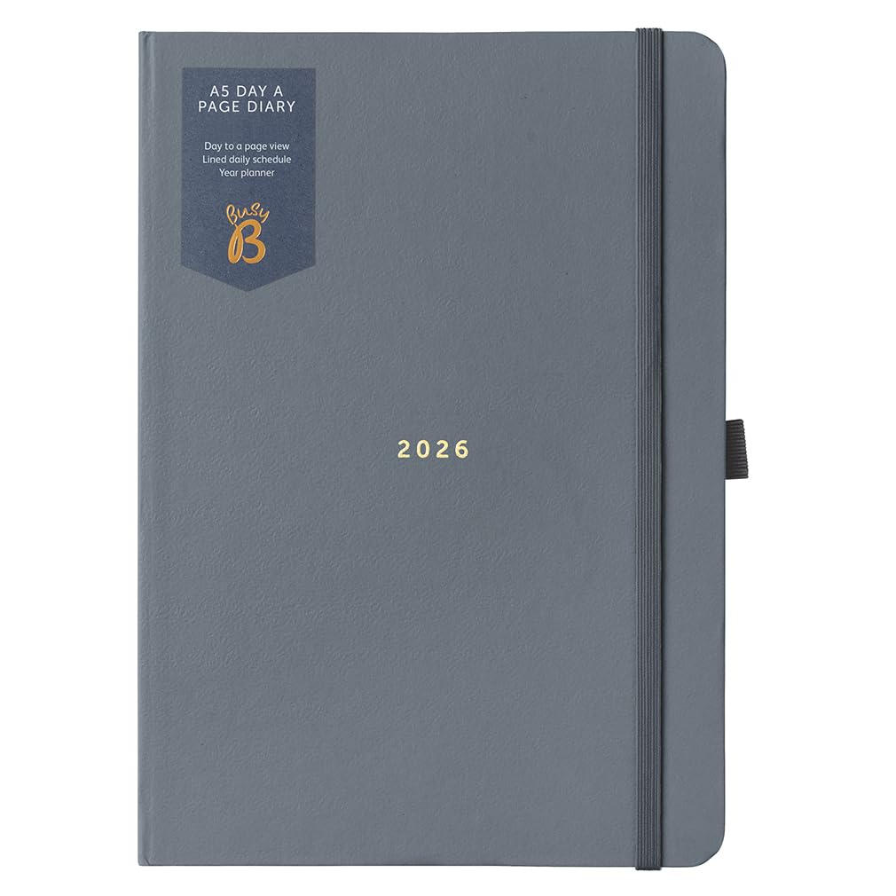 Busy B 2026 A5 Diary Day-A-Page Planner for Students, Professionals & Teachers - Charcoal Daily Planner with Gold Foil, Jan - Dec, Elastic Band & Ribbon Marker - Organizer for Desk or Handbag โ image 1