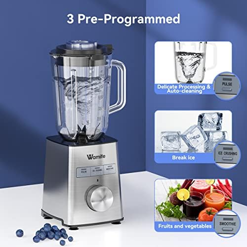 Wamife Blender Smoothie Maker 1200W, 27000RPM High-Speed Blender with Stainless Steel Body, 1.5L Glass Jug Blender with 600ML BPA-Free Cup, 3D 6-blades, 3 Preset Programs, Stepless Speed Regulation