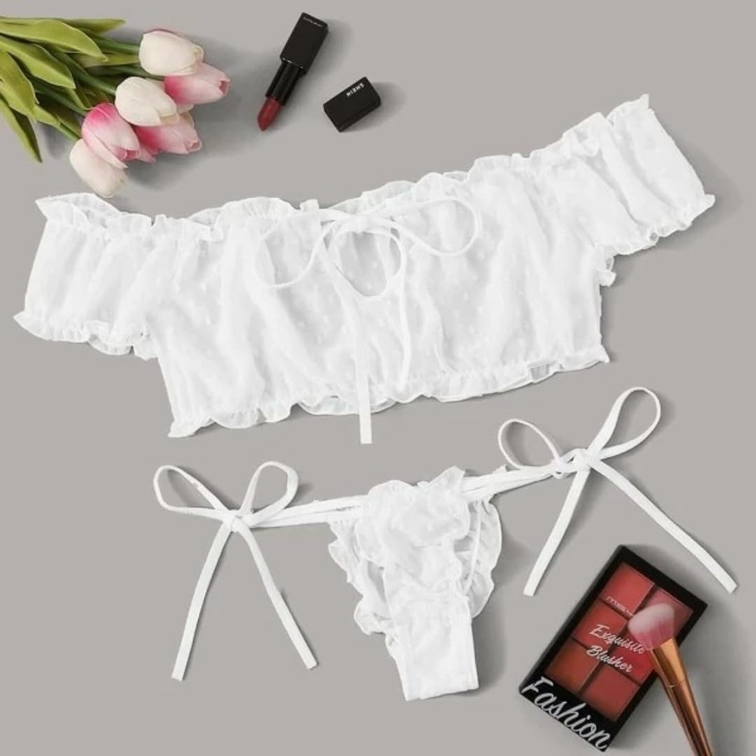 Sexy outfit Damskie seksowne biustonosze i majtki w kropki komplety bielizny Babydoll Strappy przezroczyste wykończone frędzlami bielizna z uroczą kokardką G String