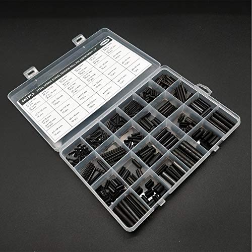 440 Stück Schlitz-Federstifte Rollstifte Sortiment Set Stahl Split Federdübel Spannstifte Metall Hardware Sortiment Kit Hohlfederstifte gemischte Größen M1.5 M2 M2.5 M3 M4 M5 M6 M8 schwarz mit Box