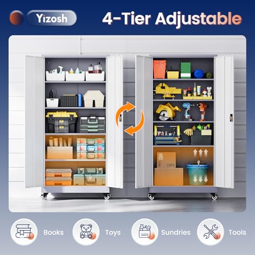 Image of Yizosh Metal Garage Storage Cabinet with Locking Doors and Adjustable Shelves,- 75 inch Rolling Steel Tool Cabinet for Home Office,Garage,Warehouse