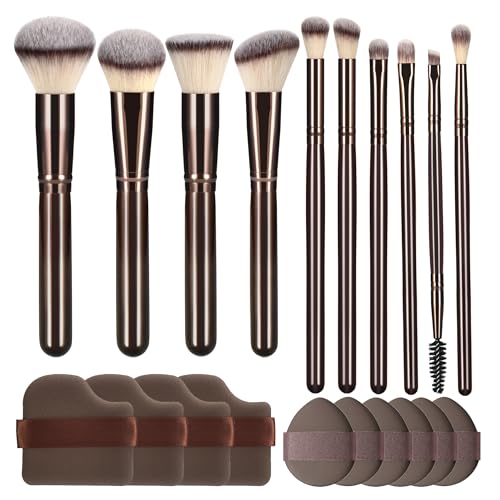 YJ-Anyue 10 Piece Black brown Makeup Brushes - Wooden Handle with Soft Synthetic Bristles,for Face & Eye Makeup|Professional Makeup Brushes set for Women & Girls