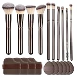 YJ-Anyue 10 Piece Black brown Makeup Brushes and 10 Piece Makeup Sponge – Wooden Handle,with Soft Synthetic Bristles,|Professional Makeup Brushes set for Women & Girls|