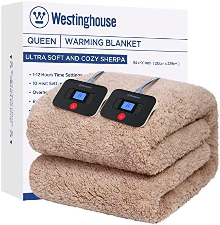 Westinghouse Electric Blanket Queen Size, Soft Plush Sherpa Heated Blanket with 10 Heating Levels & 1-12 Hours Auto-Off, Machine Washable, 84x90 inches, Camel