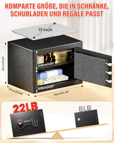 25L Digitaler Möbeltresor | 35 Min Feuerfest Safe | Alarmanlage & Elektronisches Zahlenschloss | Tresor für Zuhause Wichtige Dokumente, Bargeld & Wertgegenstände