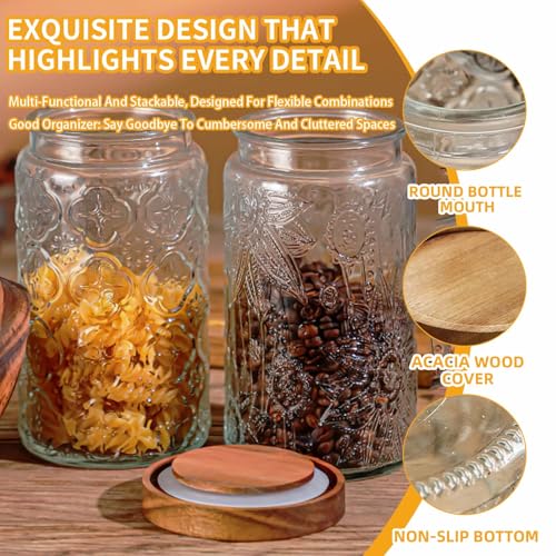Glass Jar with Airtight Acacia Wood Lid 1000Ml Vintage Glass Kitchen Storage Counter Sealed Jar 35Oz Decorative Glass Food Storage Containers for Candy Flour Oats Coffee Bean (Begonia + Sunflower) - Cosy Home Interiors Glass Jar with Airtight Acacia Wood Lid 1000Ml Vintage Glass Kitchen Storage Counter Sealed Jar 35Oz Decorative Glass Food Storage Containers for Candy Flour Oats Coffee Bean (Begonia + Sunflower) - Image 4