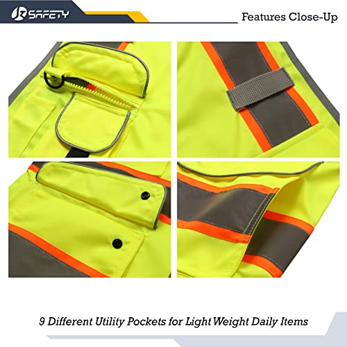 Image of JKSafety 9 Pockets Hi-Vis Neon Yellow Color Zipper Front Safety Vest with Fluorescent Orange Extend Edge outlining the Reflective Tapes Meet ANSI /ISEA Class 2 Standard (901-Yellow, XX-Large)