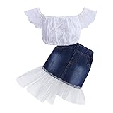 Sommer Spitze Kurzarm Schulterfrei Bluse Shirts Top + A-Line Jeans Mini Rock mit Irregulär Tüll Saum, Kleinkinder Mode Babyset, 1-7 Jahre Kinder Baby Mädchen Kinderkleidung Babykleidung Outfit Set