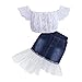 Sommer Spitze Kurzarm Schulterfrei Bluse Shirts Top + A-Line Jeans Mini Rock mit Irregulär Tüll Saum, Kleinkinder Mode Babyset, 1-7 Jahre Kinder Baby Mädchen Kinderkleidung Babykleidung Outfit Set