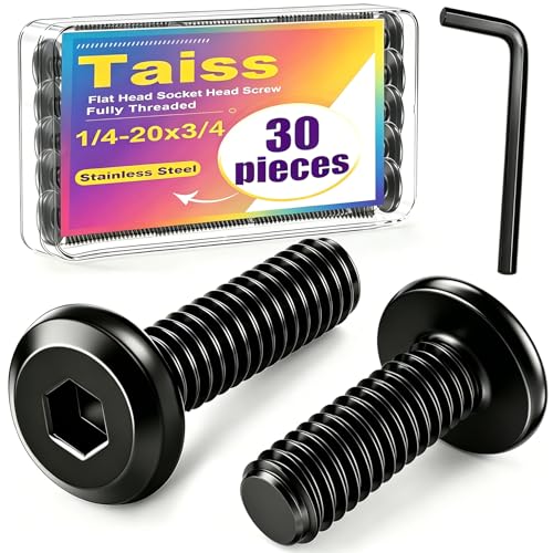 Taiss 30pcs 1/4-20 x 3/4" Flat Head Socket Head Screw,Furniture Bolts,Furniture Screws 304 Stainless Steel,1/4 Bolts Black Zinc Plated Fully Threaded,Countersunk Connector Screws with Hex Spanner