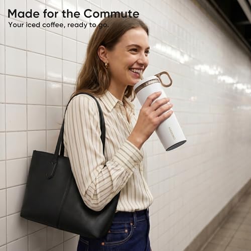 Image of KISSKIND 20 Oz Iced Coffee Tumbler with Hidden Straw, Insulated Stainless Steel Coffee Tumbler, Leakproof Ceramic Lined Travel Cup for Subway Commuting, Slim Tumbler for To-Go, Clean Brew