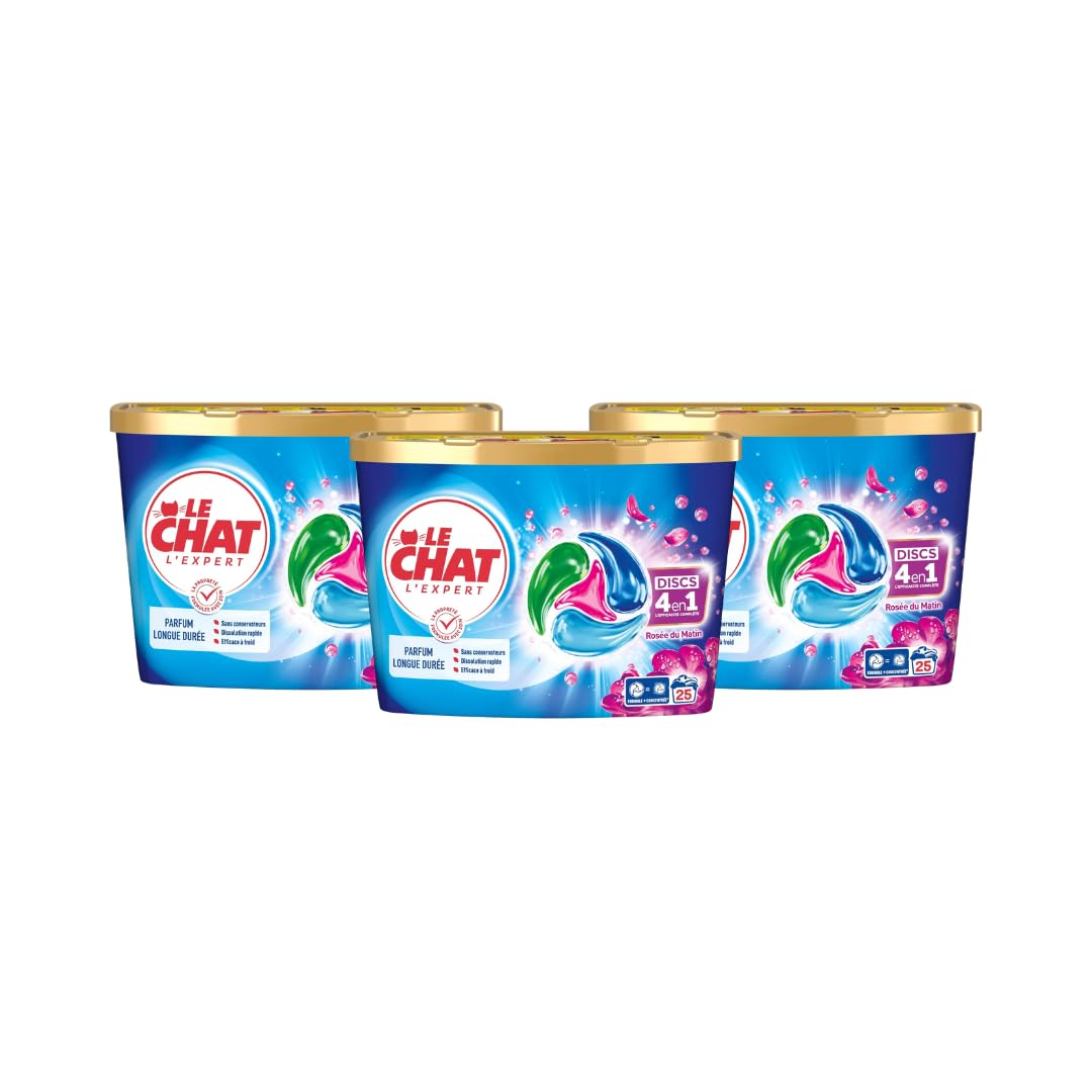 LE CHAT -L'Expert -Disc 4en1 - Parfum Longue Durée - Sans Conservateurs - Dissolution Rapide -Ingrédients Sélectionnés avec Soin -Efficace à Froid -Respect des Fibres - Efficacité Le Chat -75 Capsules