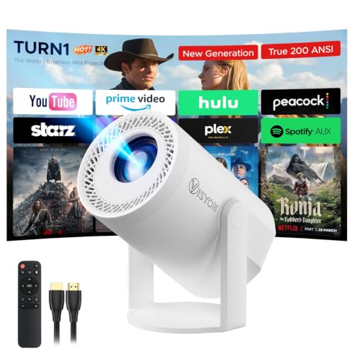 Turn 1 Projector 2026 | Supports 1080P With Android 14.0 | 200 ANSI Lumen Smart Projector Native 720P Portable Mini Projector For Bedroom | Screen Mirroring for iOS/Android | Gaming & HDMI Compatible