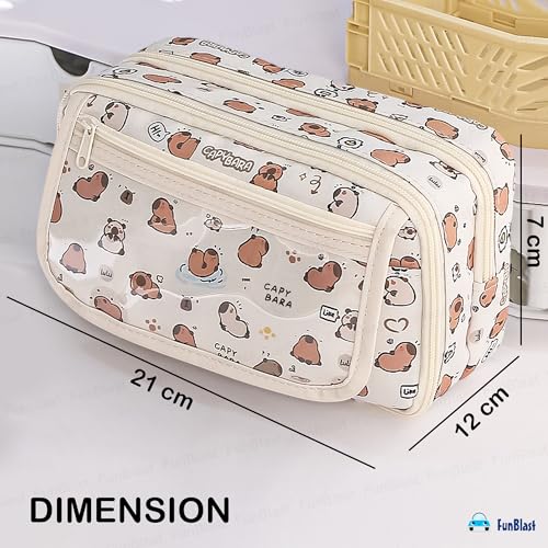 Image of FunBlast Large Capacity Capybara Pencil Pouch for Kids, Multipurpose Pouch | 3 Compartment Pencil Case with Transparent Front Pocket | Zipper Stationery Organizer for School, College & Office