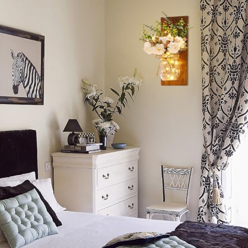 Rustic-Wall-Sconces-Mason-Jar-Sconces-Handmade-Wall-Art-Hanging-Design-with-Remote-Control-LED-Fairy-Lights-and-White-PeonyChristmas-Decor-Gift-Farmhouse-Wall-Home-Decor-Living-Room-Lights-Set-of-Two Rustic Wall Sconces Mason Jar Sconces Handmade Wall Art Hanging Design with Remote Control LED Fairy Lights and White PeonyChristmas Decor Gift Farmhouse Wall Home Decor Living Room Lights Set of Two