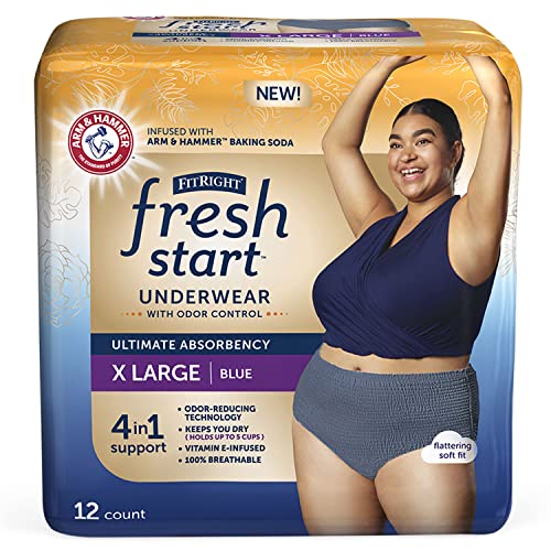 Image of FitRight Fresh Start Incontinence and Postpartum Underwear for Women, XL, Blue (12 Count) Ultimate Absorbency, Disposable Underwear with The Odor-Control Power of ARM & Hammer