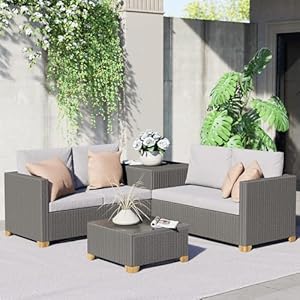 Grand patio 4-Piece Wicker Patio Furniture Sets, Outdoor Conversation Sets with Storage Box and Rattan Coffee Table for Patio Backyard Garden Greige, Light Gray
