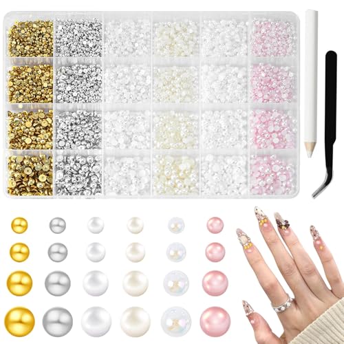 10000Pcs Nail Pearls Flatback Pearl Charms for Nails Design in 6 Colors & 4 Sizes Include Tweezers for DIY Manicure Shoe Decor Crafting Accessories