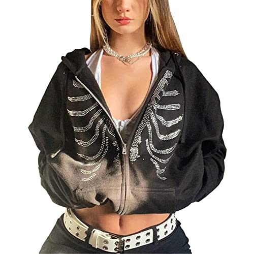 Bsdsl Femmes Y2k Squelette Zip Up Hoodie Strass Graphique Harajuku Gothique Oversize Hoodies Esthétique Pull Sweats (Color : Black, Size : L) Cover