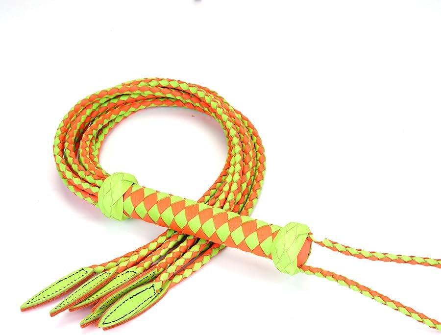 Nature-Inspired Light Green Genuine Leather Cat-O'-Nine-Tails Whip | 16cm Handle & 48cm Portable Tail | Hangable Outdoor Equestrian Whip | Handcrafted Multi-Functional Training Gear (Green & Orange)