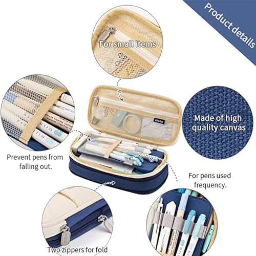 Image of Canvas School Bag Pencil Case, 3 Layer 6 Compartment Large Capacity, Aesthetic Pencil Pouch for Stationary, Cute Stationery for Kids, Pencil Case for Girls & Boys (Blue)