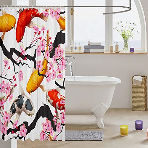 Japanese Style Bathroom Shower Curtain Traditional Retro Theme Shower Curtain Koi Fish Print Bath Curtain Cherry Blossom Fabric Shower Curtain for Kids Boys Girls Adults 72x94 Inch - Image 3