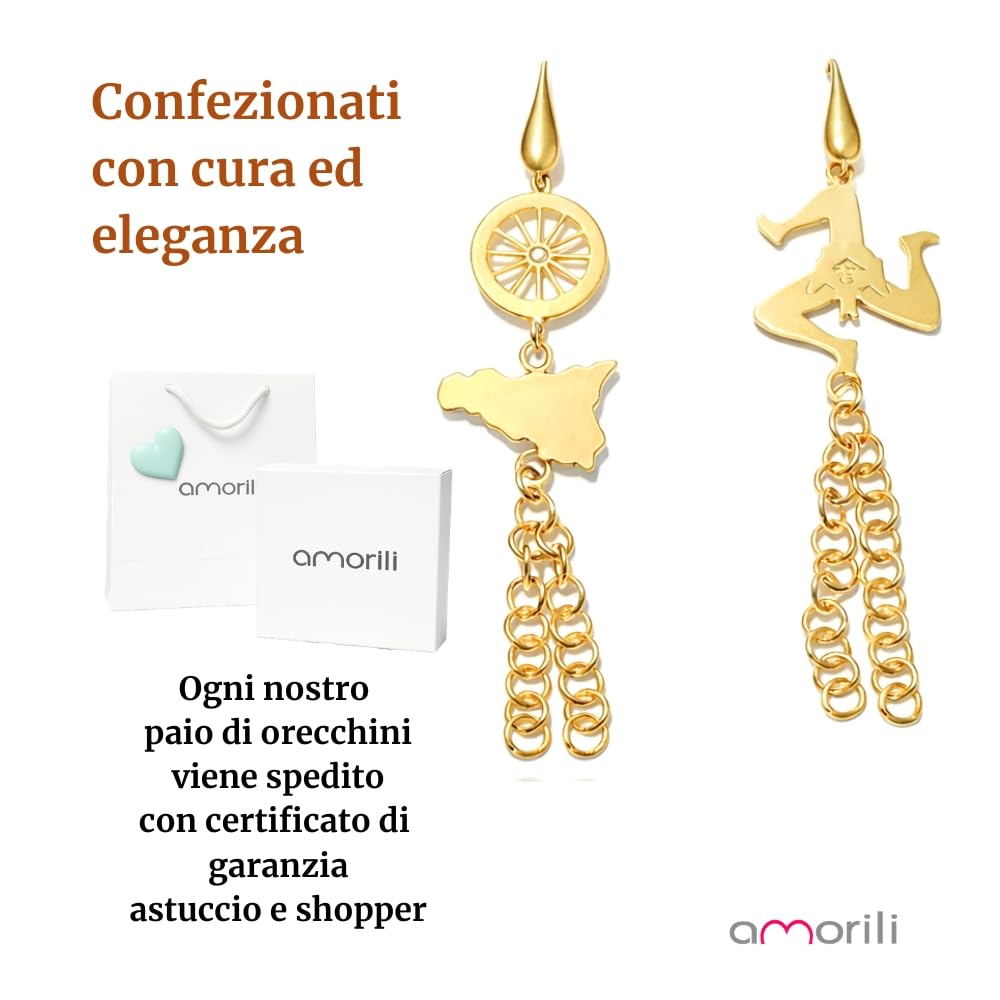 Orecchini Sicilia e Trinacria Pendenti Donna in Acciaio Inox Dorato – Orecchini Monachella Stile Siciliano – Gioiello Tradizionale Elegante per Amanti della Sicilia occ0447