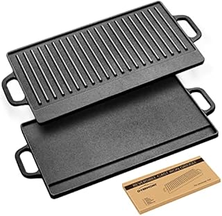 OVERMONT Pre-Seasoned Cast Iron Reversible Griddle Grill Pan with Handles for Gas Stovetop Open Fire Oven, 51.2*23.5CM (20x9.2) - One Tray, Scrapers Included