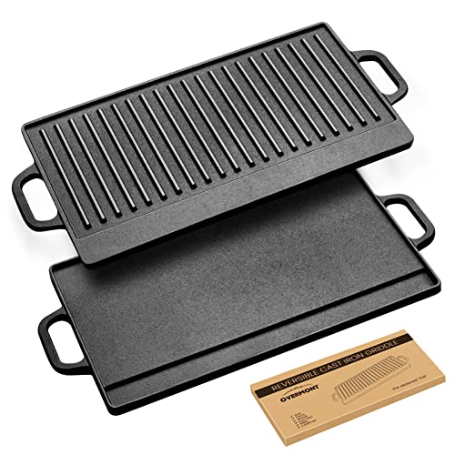 OVERMONT Pre-Seasoned Cast Iron Reversible Griddle Grill Pan with Handles for Gas Stovetop Open Fire Oven, 51.2 * 23.5CM (20x9.2) - One Tray, Scrapers Included - Image 6