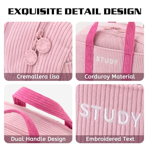 Image of EASTHILL Corduroy Hand-held Pencil Case Large Cute Pencil Pouch Stationery Pen Bag for Teen Girls-Pink